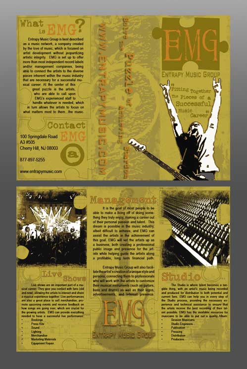 tri-fold brochure created for Entrapy Music Group (client spelling )